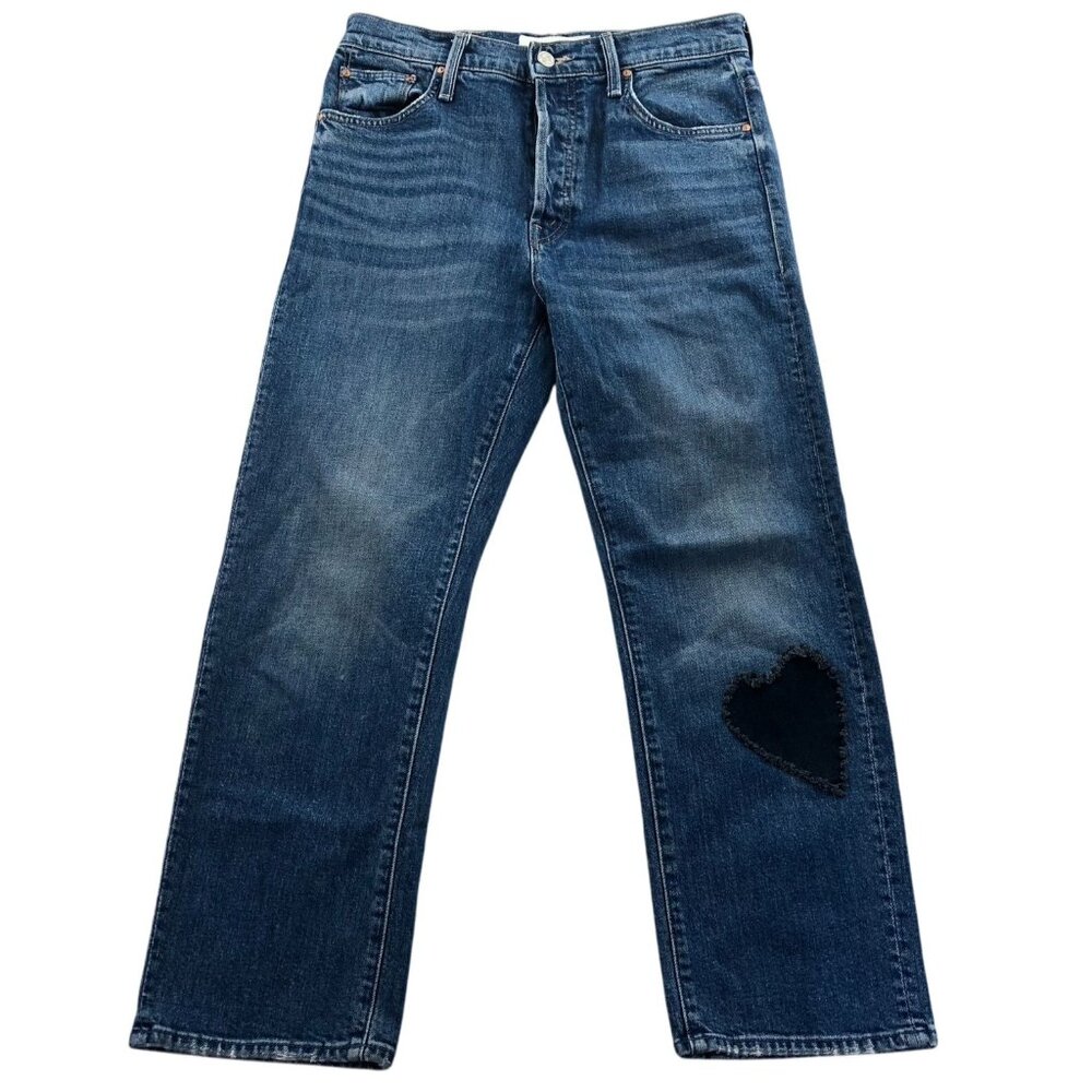 Mother Women Jeans 26 Straight Leg Superior Blue Denim Button Fly Heart Applique